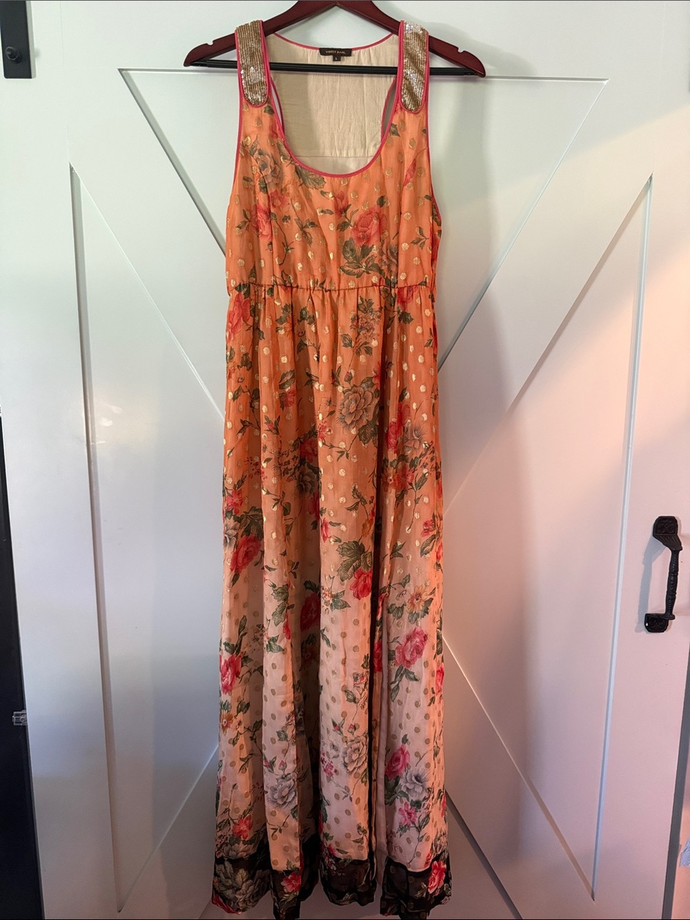 Floral Orange Sleeveless Maxi Dress with Embellished Shoulders